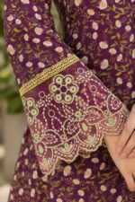 Plum Purple Printed Stitched 3-Piece Suit with Floral Printed Shawl - Image 4
