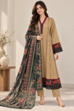 Beige Printed Stitched Frock 3-Piece Suit with Dark Floral Shawl