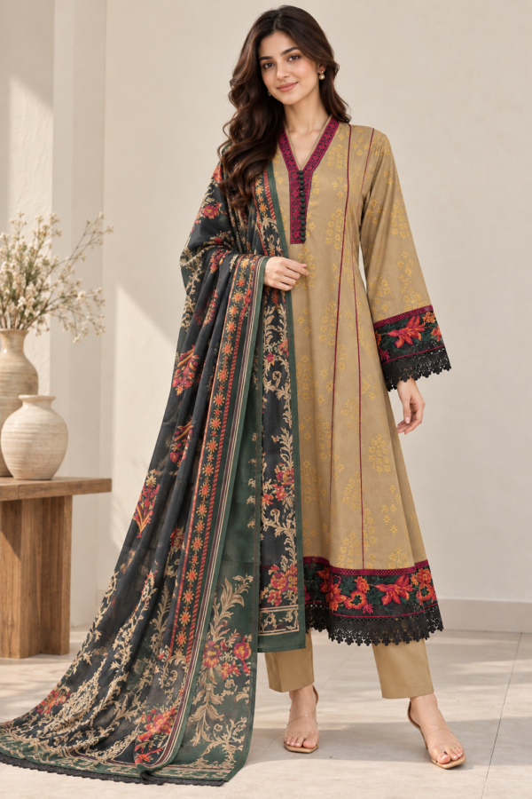 Beige Printed Stitched Frock 3-Piece Suit with Dark Floral Shawl
