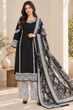Black & White Embroidered Stitched 3-Piece Suit with Printed Shawl