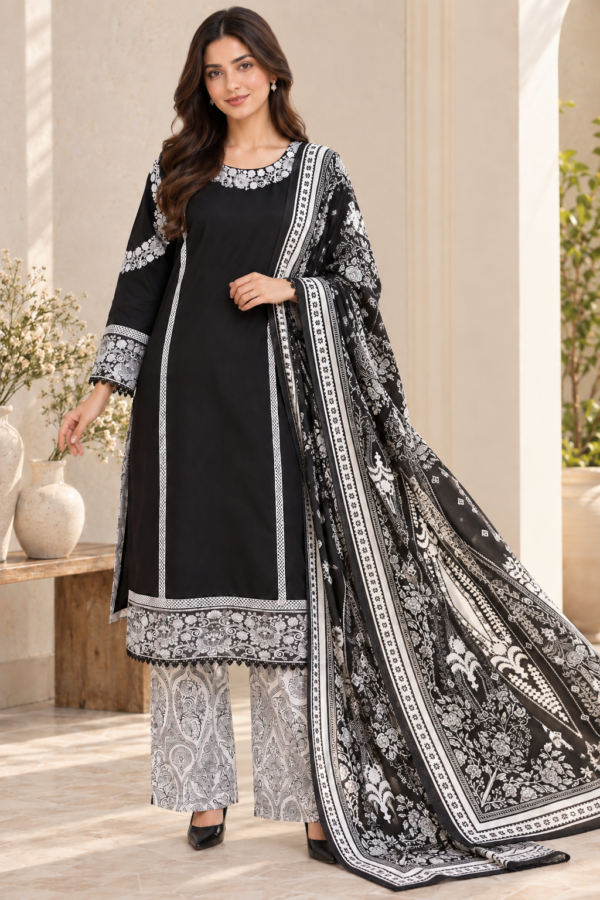 Black & White Embroidered Stitched 3-Piece Suit with Printed Shawl