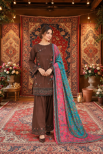 Brown Embroidered 3-Piece Stitched Suit with Printed Shawl And Flapper | Directions