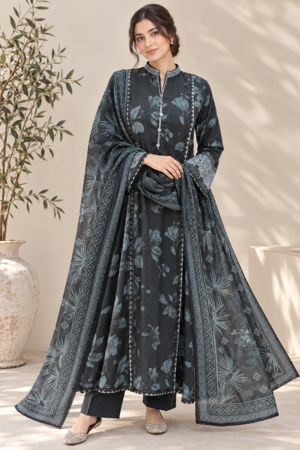 Charcoal Grey Printed Stitched 3-Piece Suit with Botanical Shawl Printed