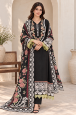 Black Embroidered Stitched 3-Piece Suit with Floral Printed Shawl