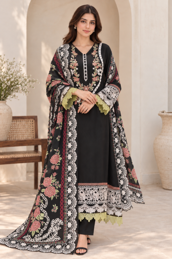 Black Embroidered Stitched 3-Piece Suit with Floral Printed Shawl