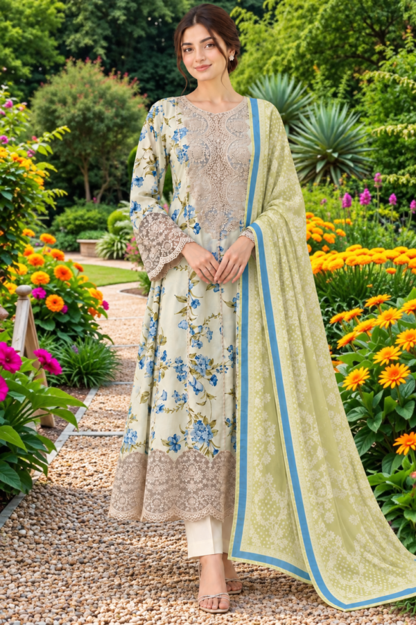 Pastel Floral Printed 3-Piece Stitched Suit with Embroidered Front & Printed Shawl | Directions