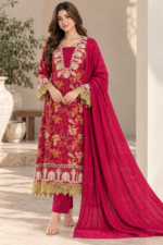 Magenta Pink Printed Stitched 3-Piece Suit with Textured Dupatta