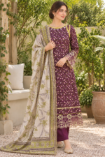 Plum Purple Printed Stitched 3-Piece Suit with Floral Printed Shawl
