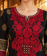 Black & Maroon Embroidered 3-Piece Stitched Frock with Printed Shawl | Pakistani Women’s Ready-to-Wear - Image 2