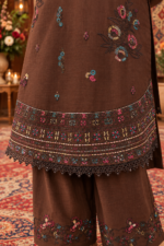 Brown Embroidered 3-Piece Stitched Suit with Printed Shawl And Flapper | Directions - Image 3