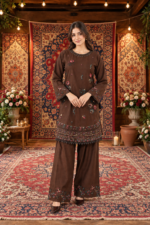 Brown Embroidered 3-Piece Stitched Suit with Printed Shawl And Flapper | Directions - Image 2