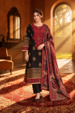 Black & Maroon Embroidered 3-Piece Stitched Frock with Printed Shawl | Pakistani Women’s Ready-to-Wear