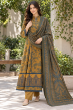 Mustard Yellow Printed Stitched 3-Piece Suit with Blue Floral Printed Shawl