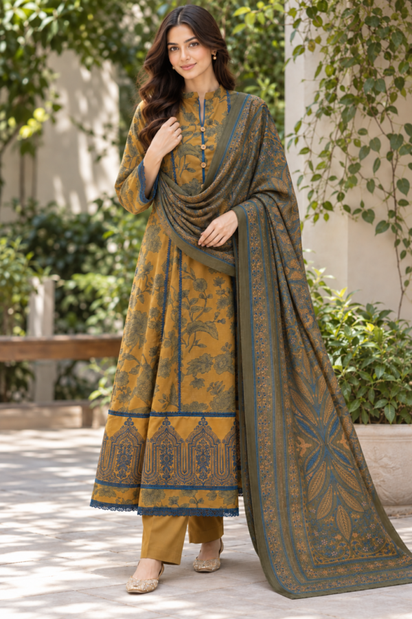 Mustard Yellow Printed Stitched 3-Piece Suit with Blue Floral Printed Shawl