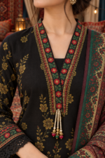 Black Printed 3-Piece Stitched Suit with Embroidered Neckline & Printed Shawl - Image 2
