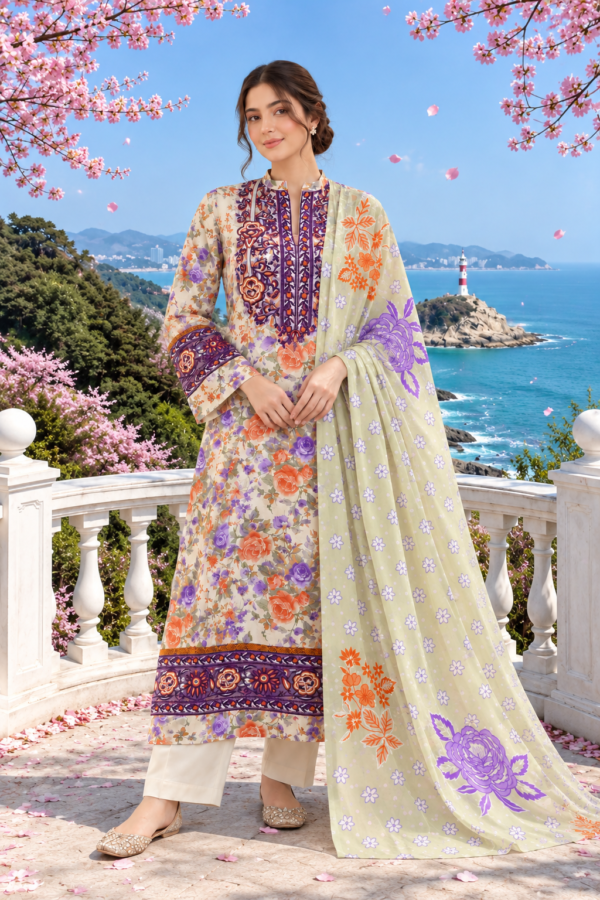 Pastel Floral 3-Piece Stitched Suit with Printed Shawl | Embroidered Front Pakistani Ready-to-Wear Dress