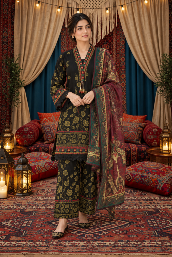 Black Printed 3-Piece Stitched Suit with Embroidered Neckline & Printed Shawl